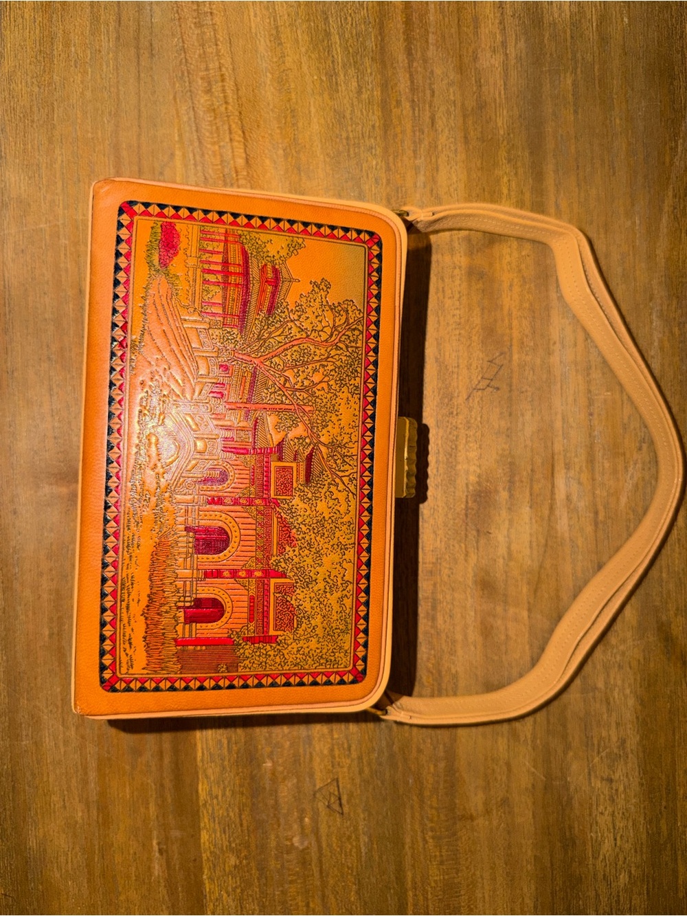 Orange Printed Clutch with Architectural Motif